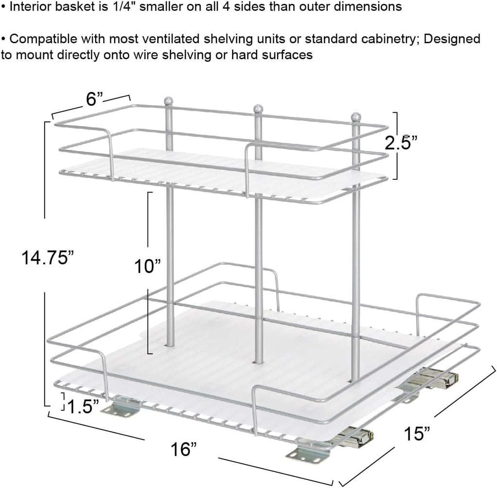 Household Essentials Glidez Steel Pull-Out/Slide-Out Storage Organizer with Plastic Liners for Under Sink or Wire Shelf Use - 2-Tier Design - Fits Standard Size Cabinet or Shelf, Brushed Silver