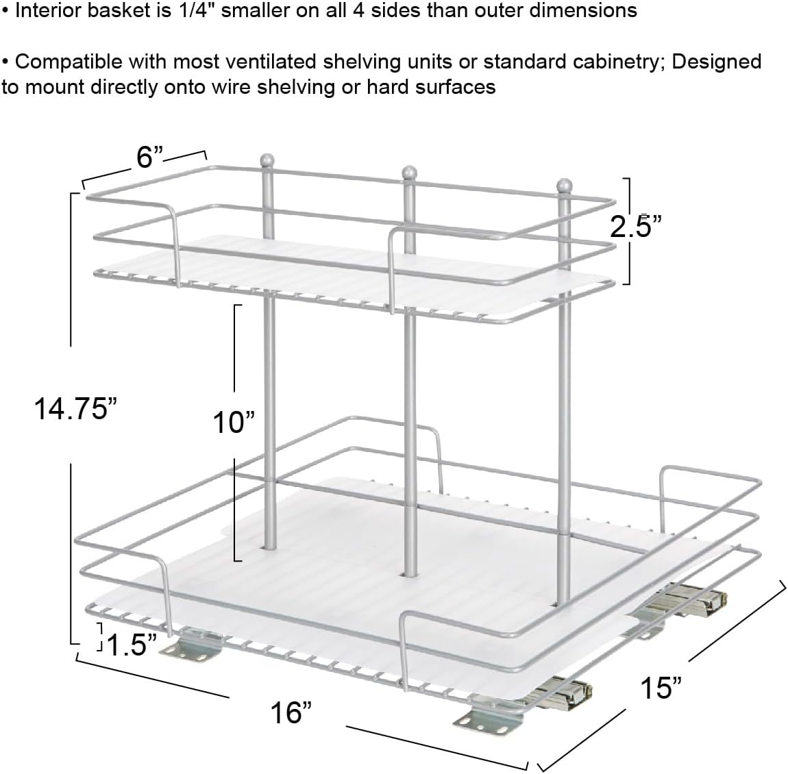 Household Essentials Glidez Steel Pull-Out/Slide-Out Storage Organizer with Plastic Liners for Under Sink or Wire Shelf Use - 2-Tier Design - Fits Standard Size Cabinet or Shelf, Brushed Silver