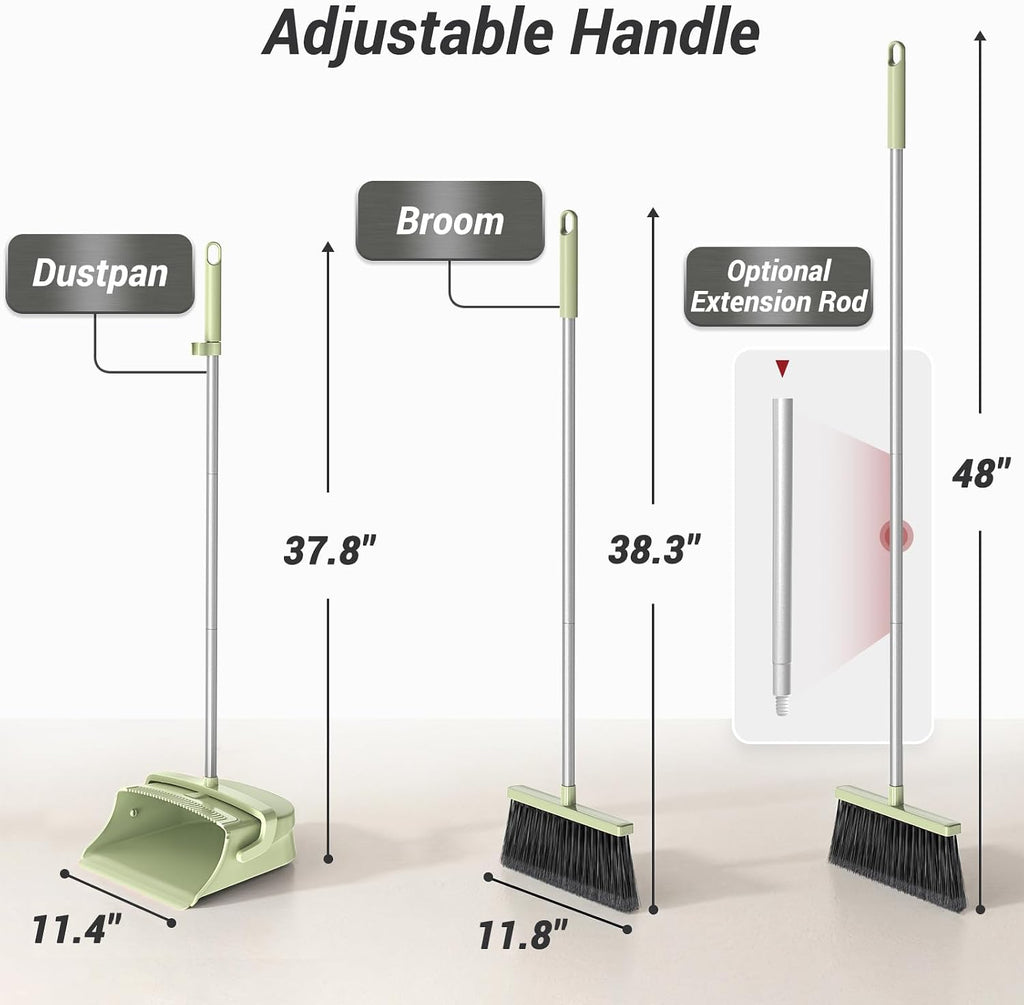 Broom with Dustpan Set for Pet Hair & Dust Cleanup, Green