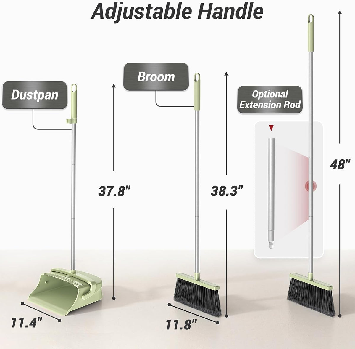Broom with Dustpan Set for Pet Hair & Dust Cleanup, Green
