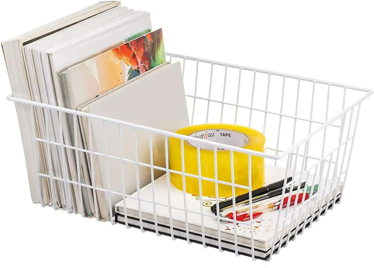 15.2" Metal Wire Baskets for Organizing 6 Pack, Household Pantry Storage Freezer Organizer Bins with Handles, Freezer Baskets for Upright Freezer, Refrigerators, Kitchen Cabinets, White