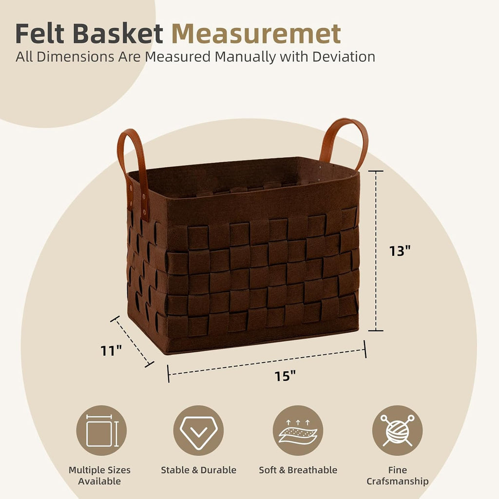 boldmonkey Laundry Basket 15 " x13 x11 2 Pack, Large Rectangular Felt Fabric Blanket Basket with Leather Handle, Dirt Clothes Laundry Hamper for Babies, Dogs and Living Room-Brown