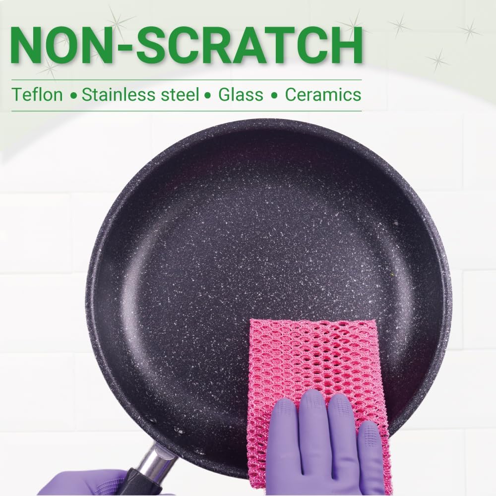 Basic Dish Wash Net 10 pcs - All Purpose, Non-Scratch, Heavy Duty Dish Scrubbers for Cleaning Dishes, Pots and Pans Color Pink