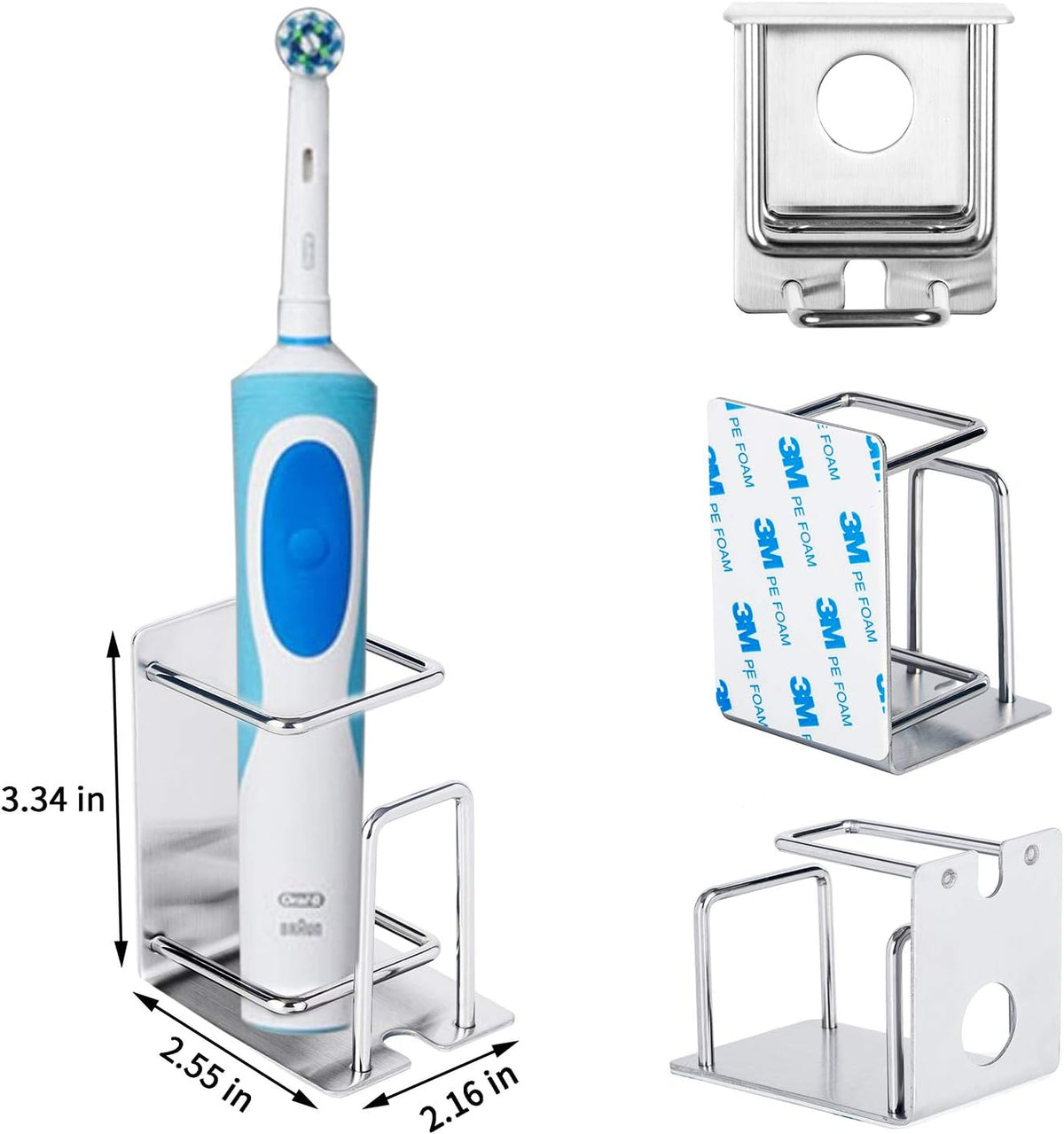 Toothbrush Holder Wall Mounted, Stainless Steel Bathroom Organizer for Electric Toothbrush, Toothpaste & Cup, No Drill Adhesive Shower Caddy (Silver,2 Pack)