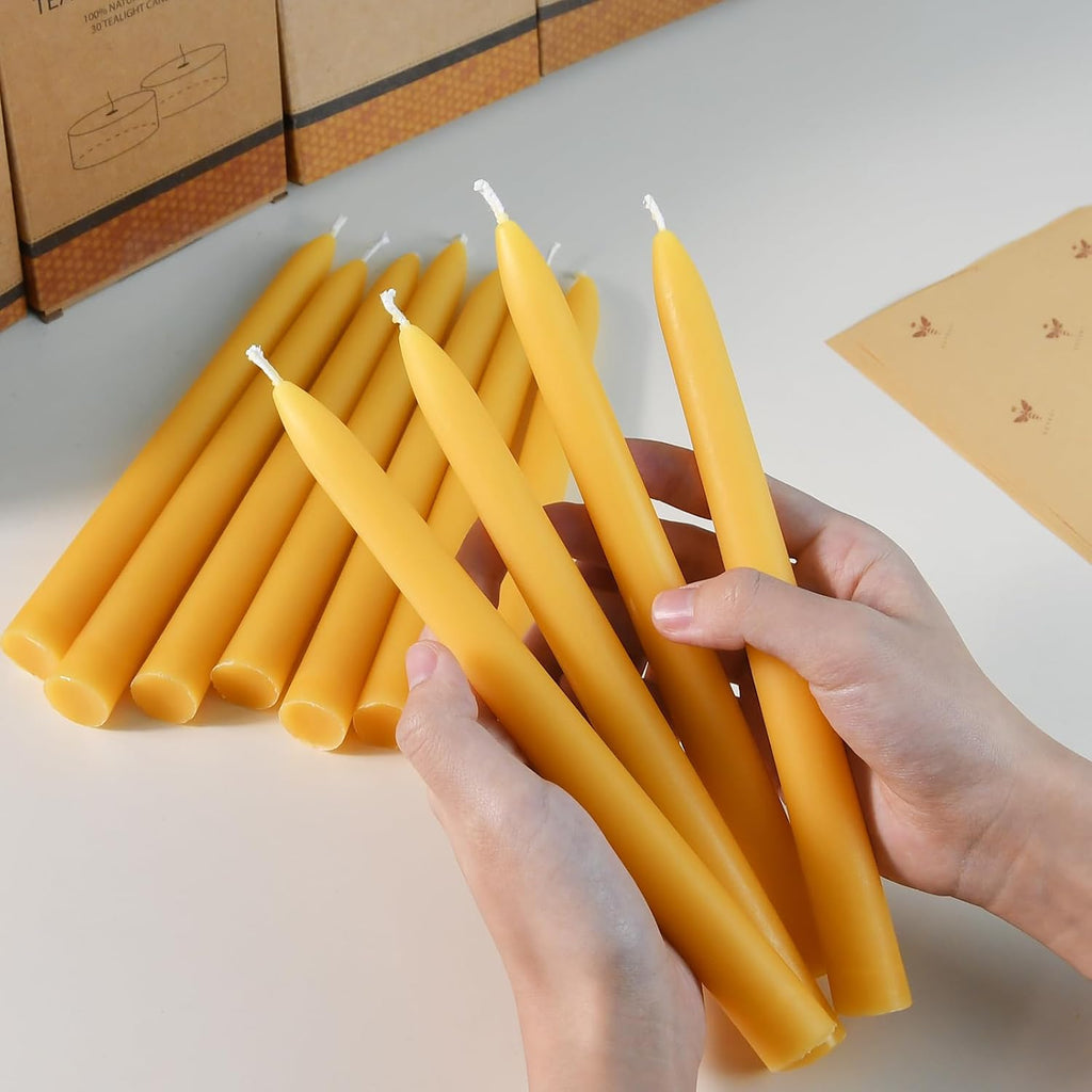 DEYBBY Beeswax Taper Candles, Clean Burning, Natural, 9 Inch, Set of 12