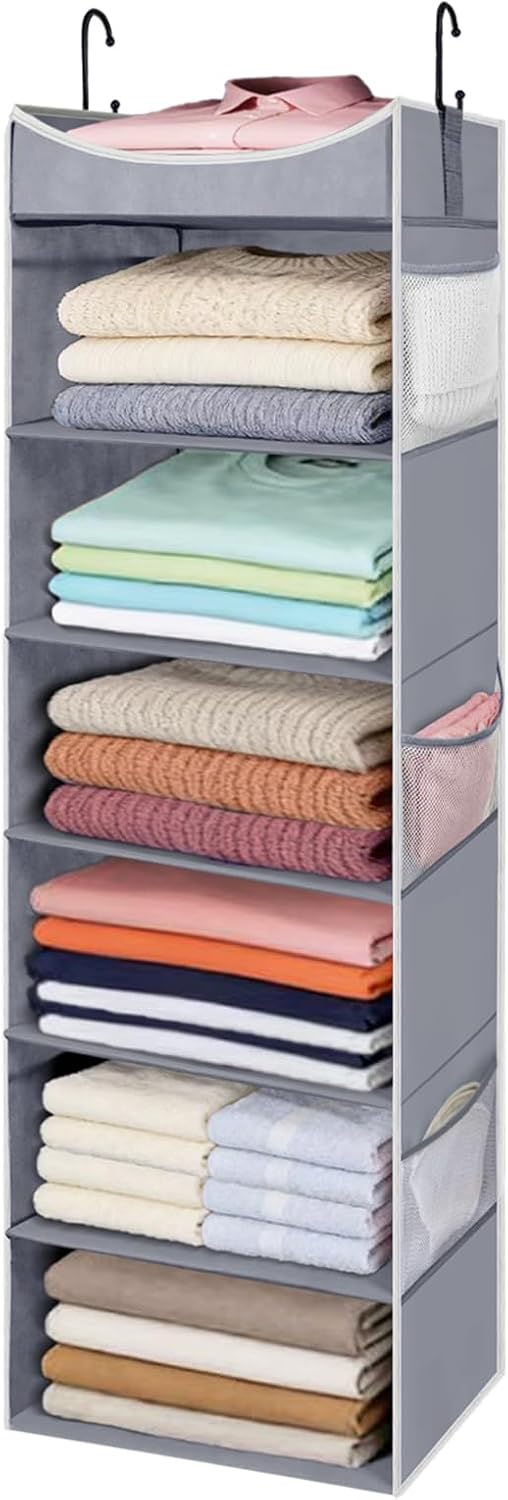 6-Shelf Hanging Closet Organizer and Storage with Side Pockets, Collapsible Closet Hanging Shelves for Storage, Grey