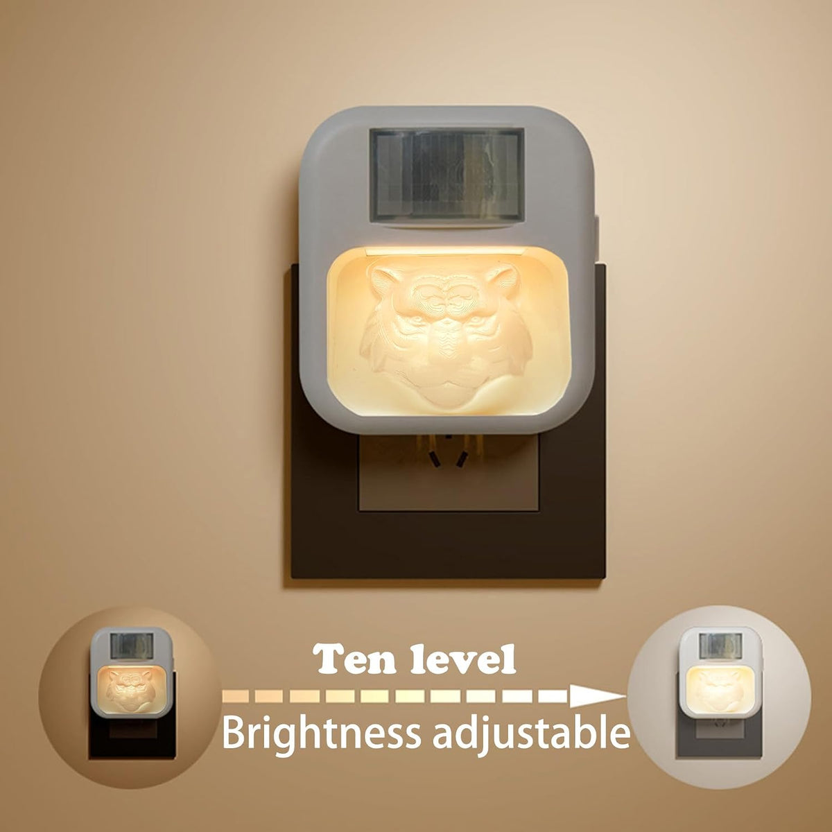 Compact Smart Motion Sensor LED Night Light - Dimmable, Adjustable Color, Plug-in for Hallway, Bathroom, Bedroom - Travel-Friendly (Tiger Head, 2)