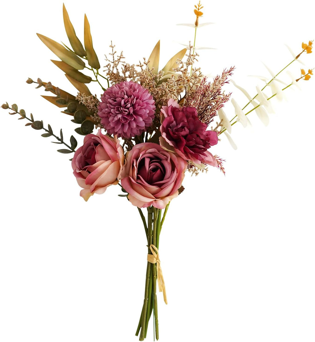 Artificial Flowers Bouquet - Faux Silk Flowers Centerpiece, Realistic Fake Flowers Plants for Home Decor Dining Table, Indoor Vase, Wedding Bouquet Arrangements (Red)