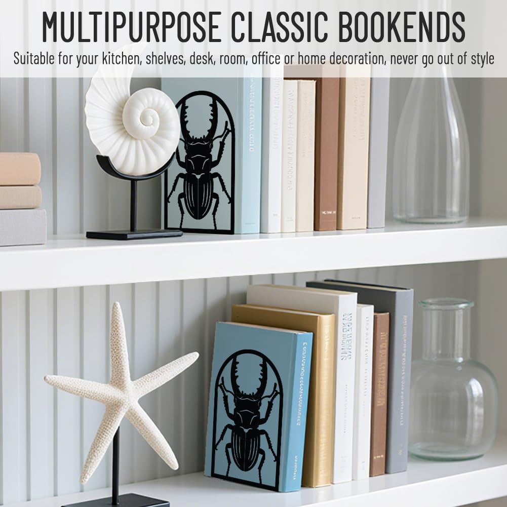 WADORN 1 Pair Scarab Metal Decorative Bookend for Shelves, Heavy Duty Book Ends Modern Non-Skid Books Holder Stand Black Book Support Stoppers for Office Desk Bookshelf, 5.3x4.3x7.8 Inch