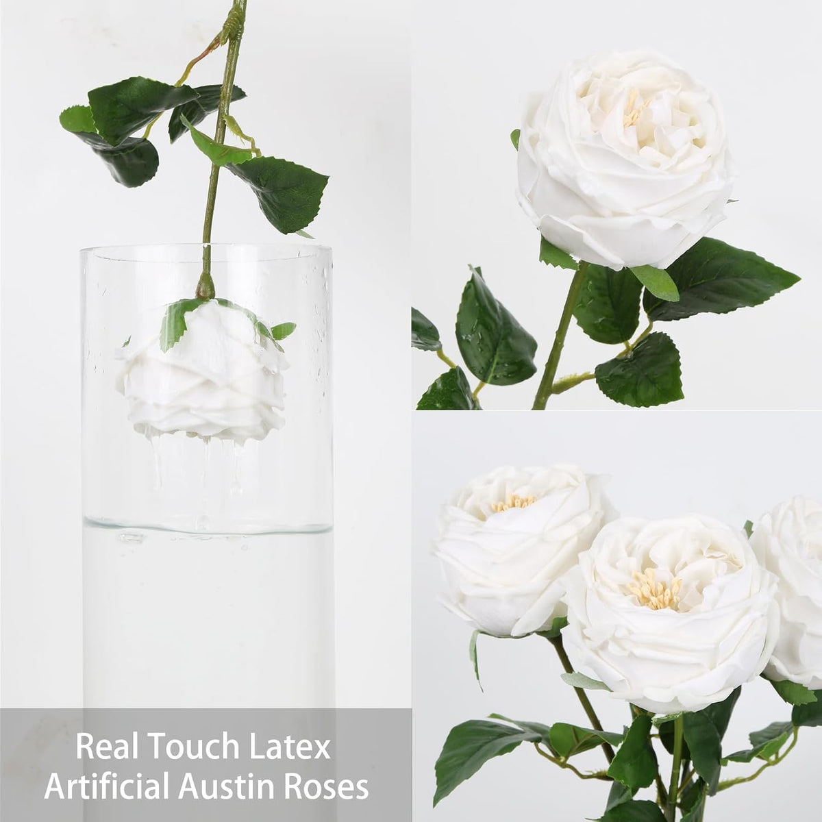 IPOPU White Roses Artificial Flowers,5PCS Real Touch Austin Roses Faux Peony Flowers Stems for Wedding Bouquet Party Home Decor(White)