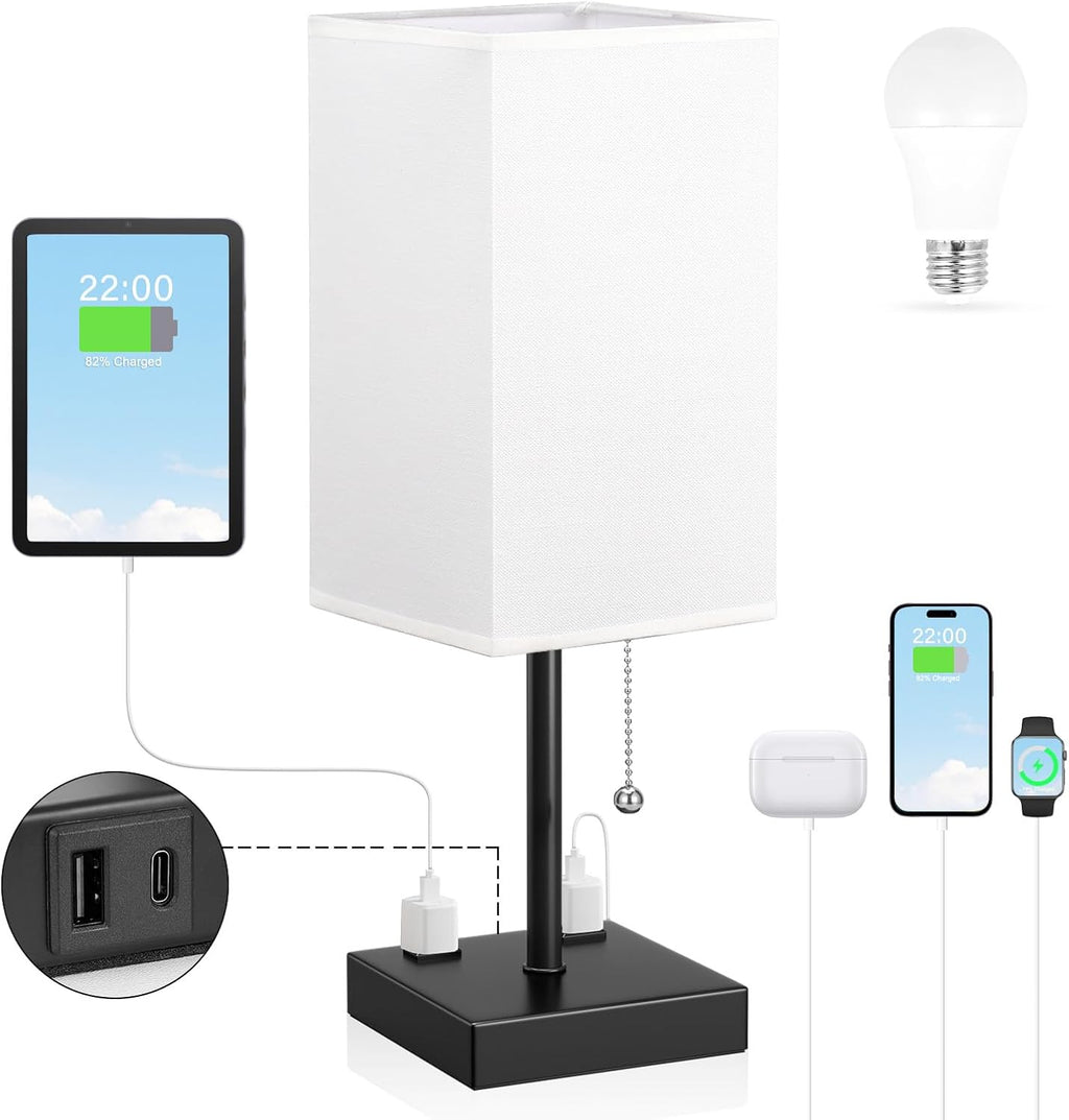 Bedside Lamp for Bedroom - 3 Color Temperatures, USB A+C, 2 AC Outlets