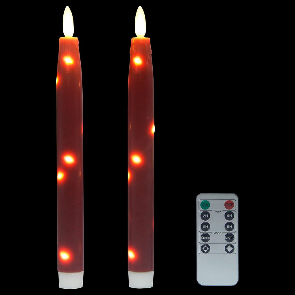 Flameless Flickering Taper Candles Battery Operated with Embedded String Lights, wtih Timer and Remote, LED Real Wax Tapered Dinner Candle Set of 2 (Red)