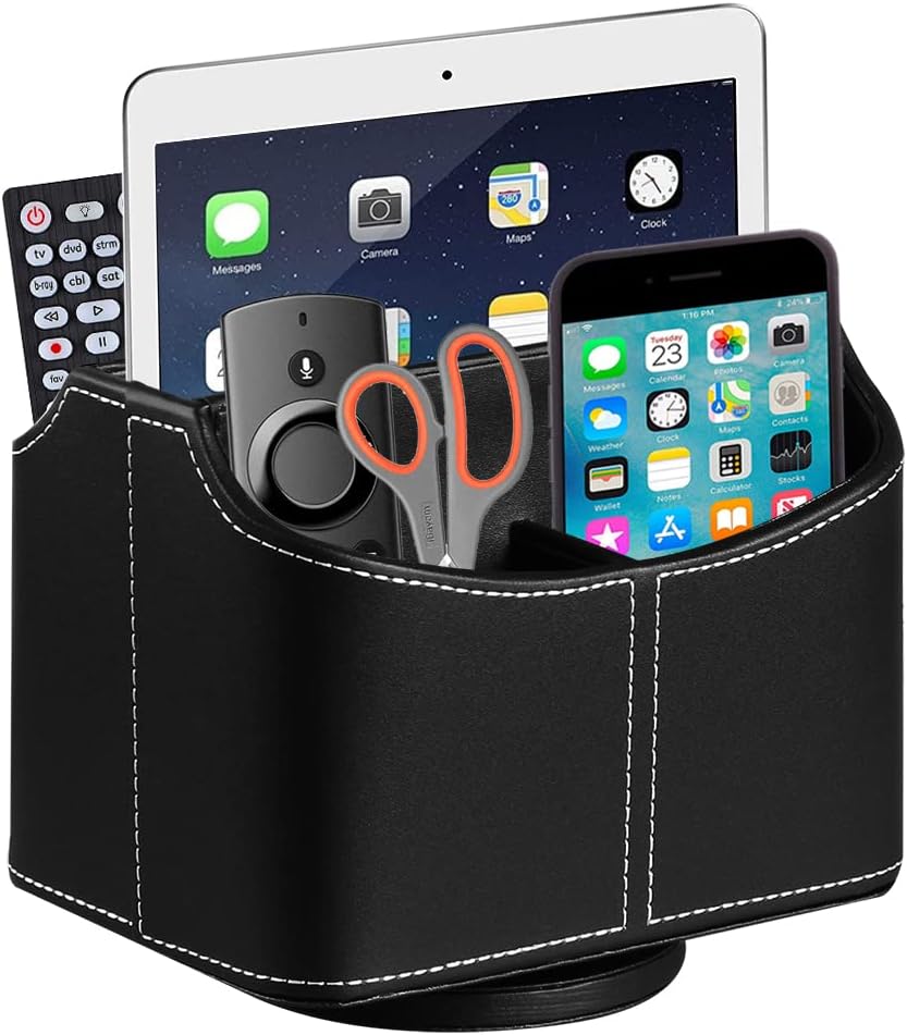PU Leather Remote Control Holder, 360 Degree Spinning Desk TV Remote Caddy, Desk Organizers and Accessories, for Controller, Media, Mail, Calculator, Mobile Phone, Pen Storage Holder (Black)