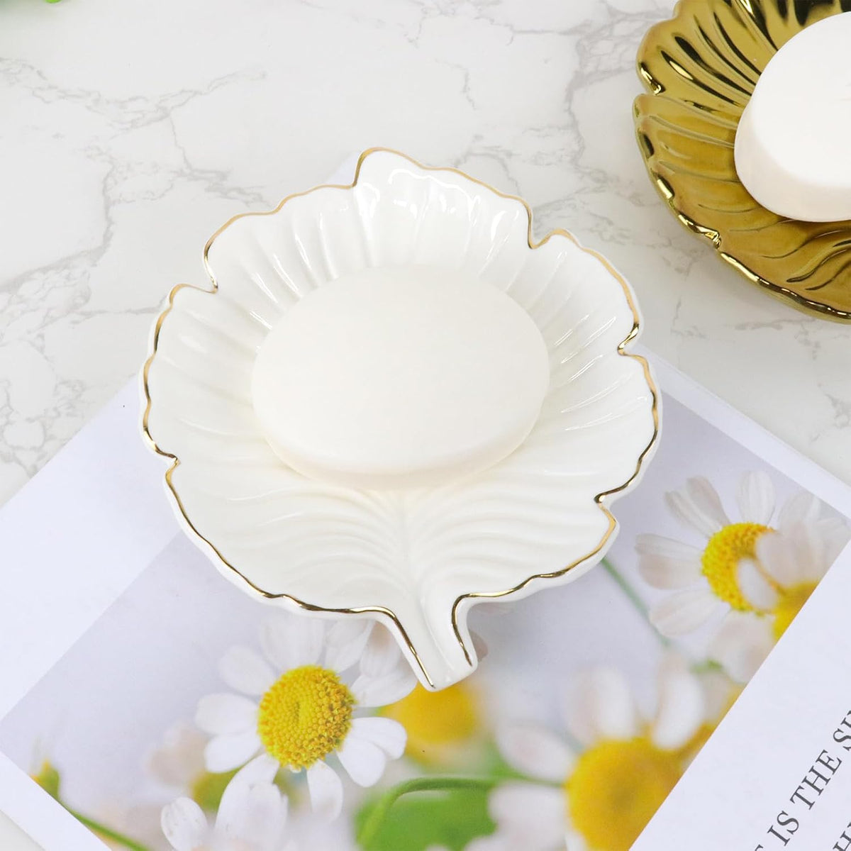 White Leaf Bathroom Soap Dish,Ceramic Soap Dish Holder in Palm Leaf Style,Self Draining Design and Used to Hold Various Small Bathroom and Kitchen Accessories