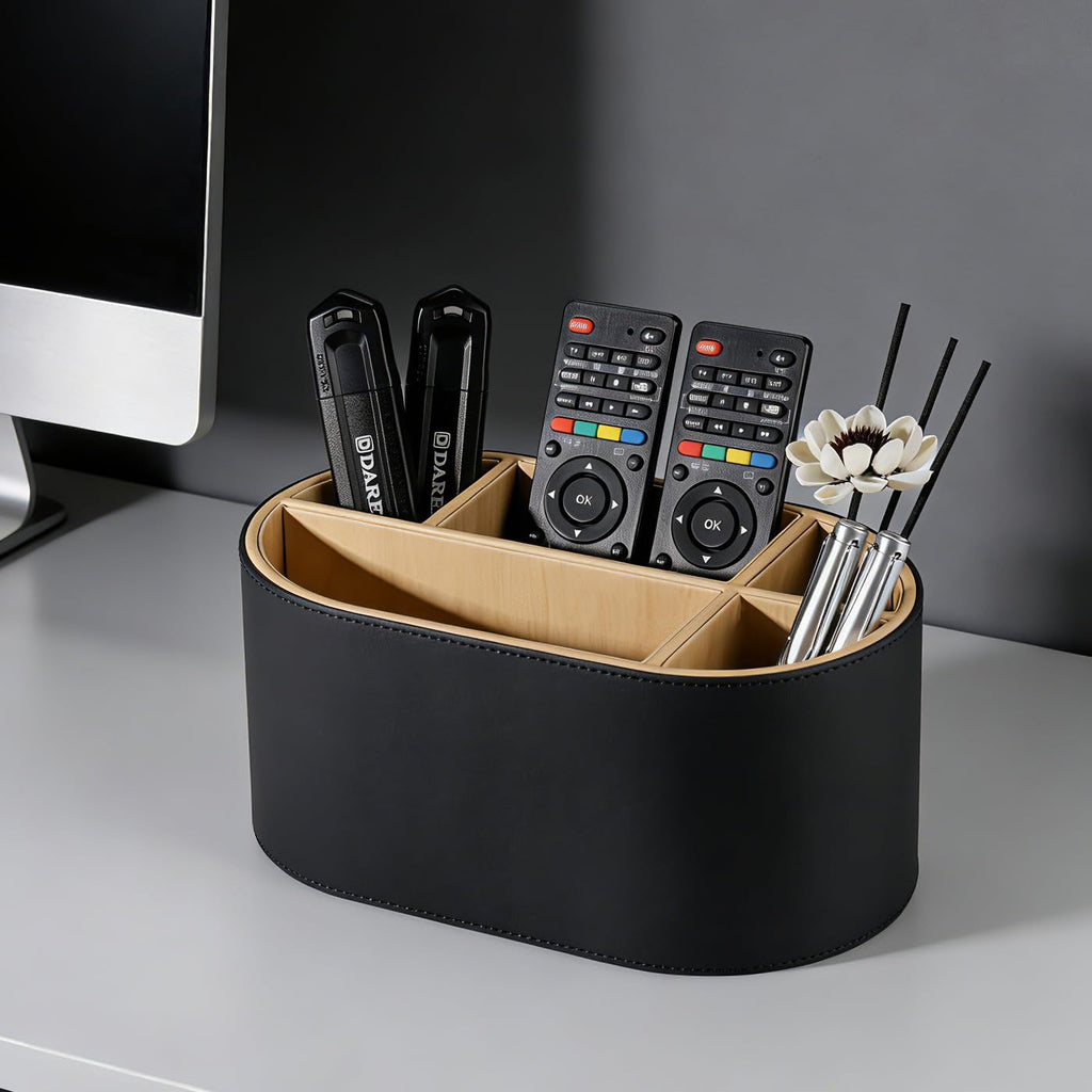 KINGFOM PU Leather Desk Organizer with Multi Compartments, Desktop Caddy Holder for Remote Controls, Pens, Makeup Brushes, Office Accessories (Black)