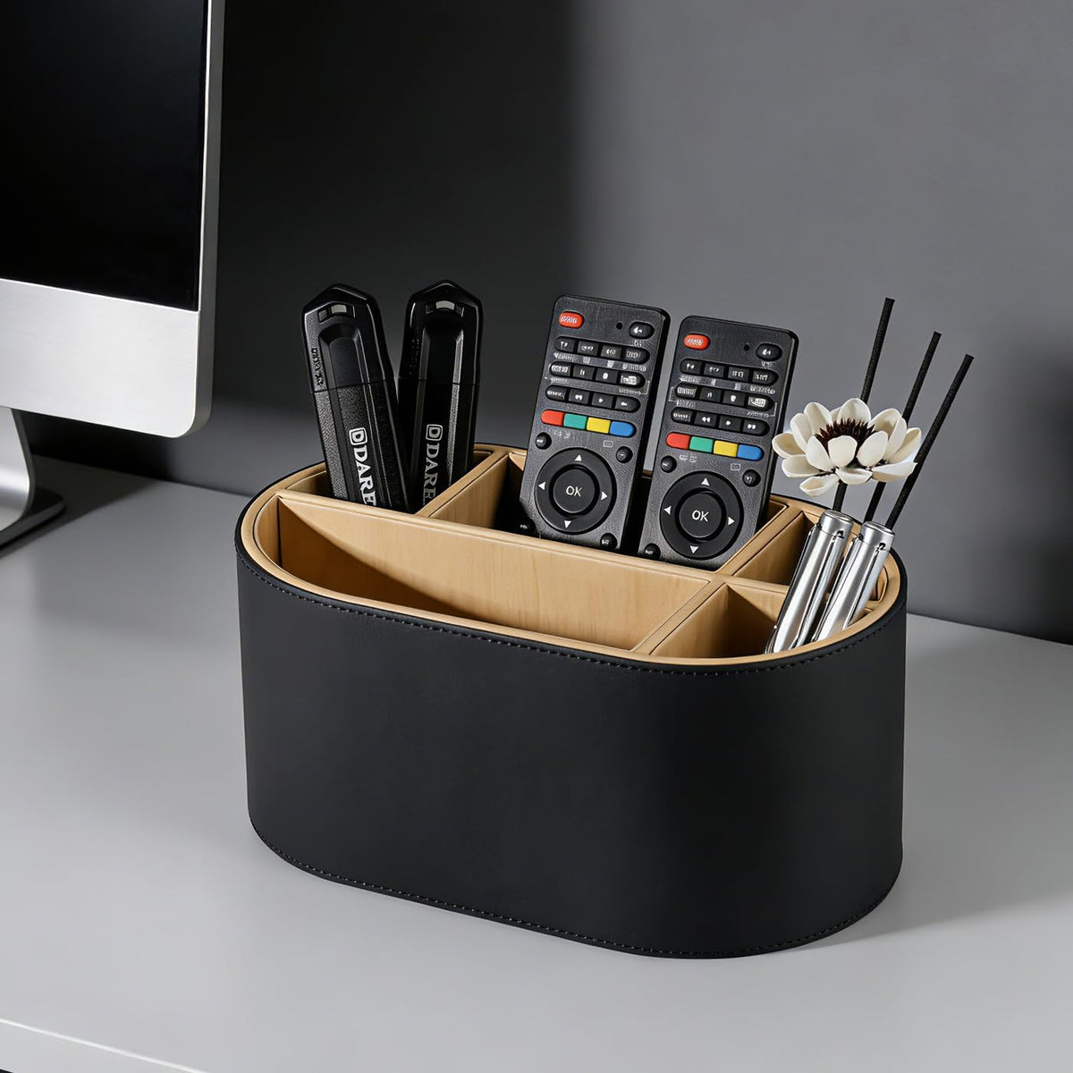 KINGFOM PU Leather Desk Organizer with Multi Compartments, Desktop Caddy Holder for Remote Controls, Pens, Makeup Brushes, Office Accessories (Black)