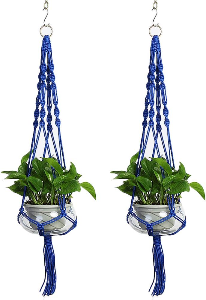 Vpang 2 Pack Macrame Plant Hanger, Outdoor Indoor Hanging Planter Basket Flower Pot Holder Nylon Rope Home Decor 41 Inch (Blue)