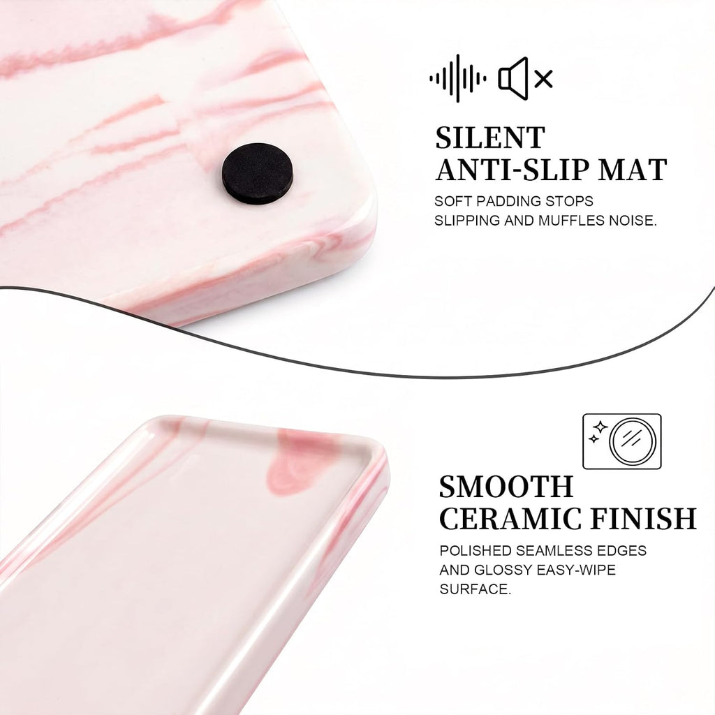 8″ x 3.7″ Ceramic Vanity Tray, Decorative Rectangular Organizer for Bathroom Countertop, Dresser Top, Kitchen & Bathtub, for Soap, Perfume, Candle, Jewelry & Cosmetics (Marble-Pink)