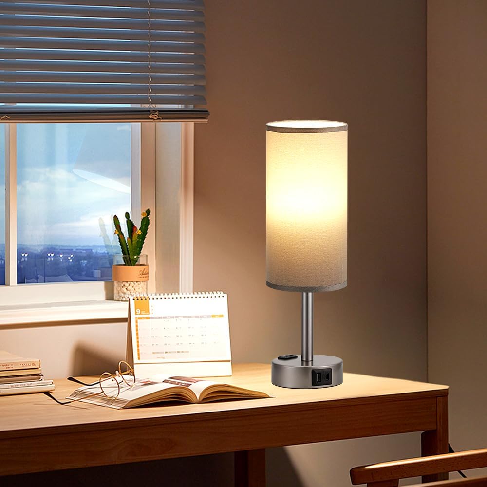 Fenmzee Grey Bedside Lamp for Bedroom, Dimmable Touch, USB A+C, AC Outlet