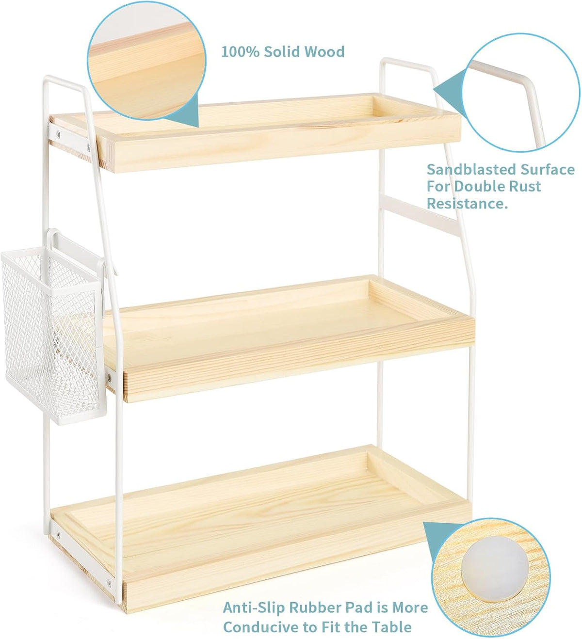 Uneviesyka Bathroom Counter Organizer, 3-Tier Standing Storage Shelf with Basket, Wood Tray for Skincare Vanity Organizer(White)