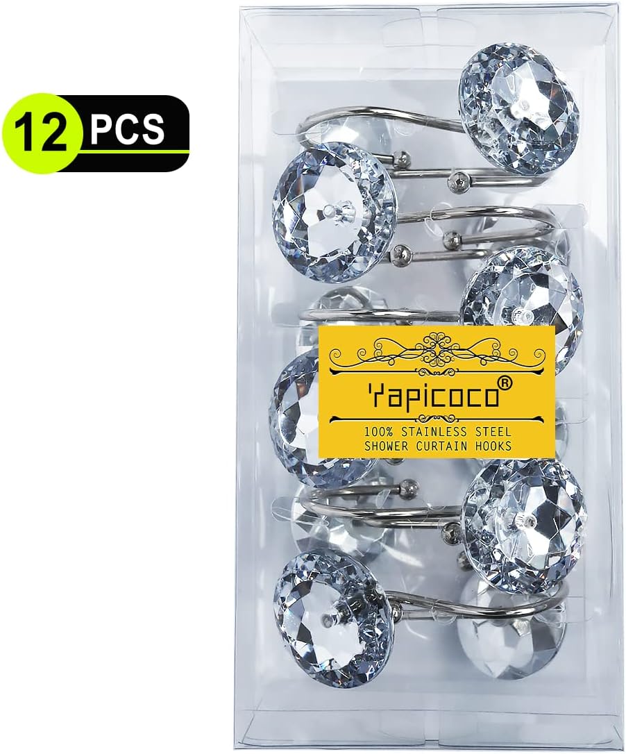 12PCS Shower Curtain Hooks Rings for Bathroom, Stainless Steel Metal Crystal Rhinestones Bling Rust Proof Shower Curtain Rings Hangers for Shower Curtain Decorative, Round Heavy Duty Hooks (Clear)