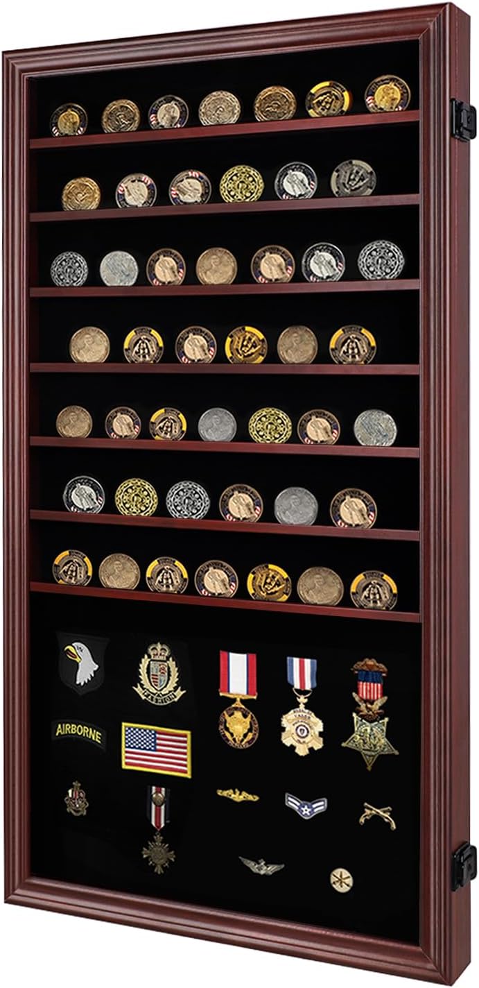 Oversized Military Challenge Coin Display case for Badges Mahogany