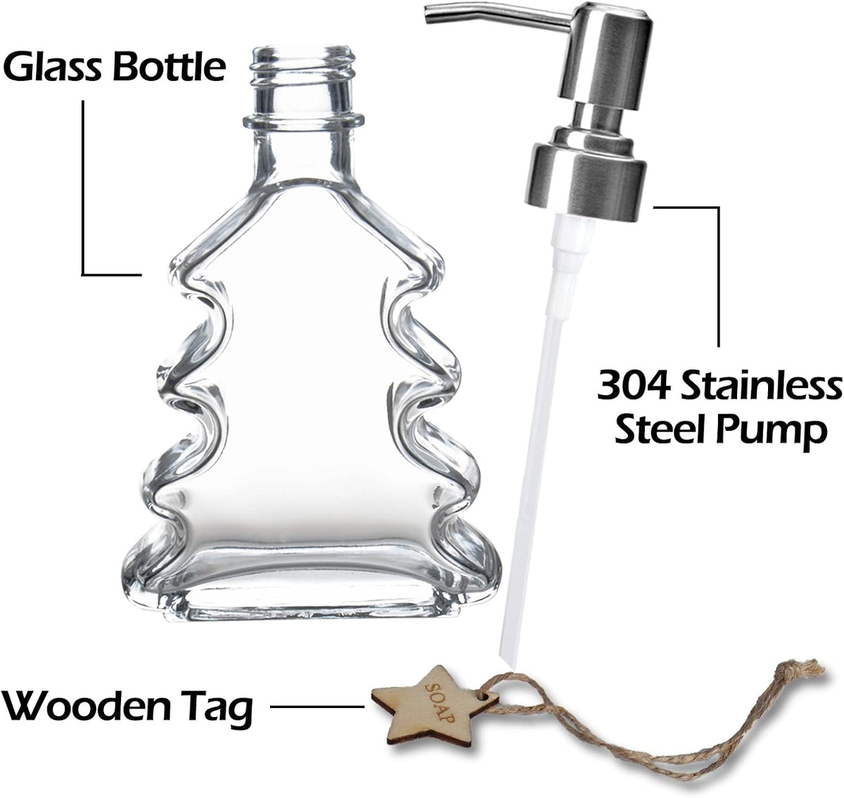 Christmas Tree Soap Dispenser, Glass Soap Dispenser with Sliver 304 Rust Proof Pump, Christmas Tree Shaped Great for Xmas Decor, Hand Soap, Dish Soap, Kitchen, Bathroom