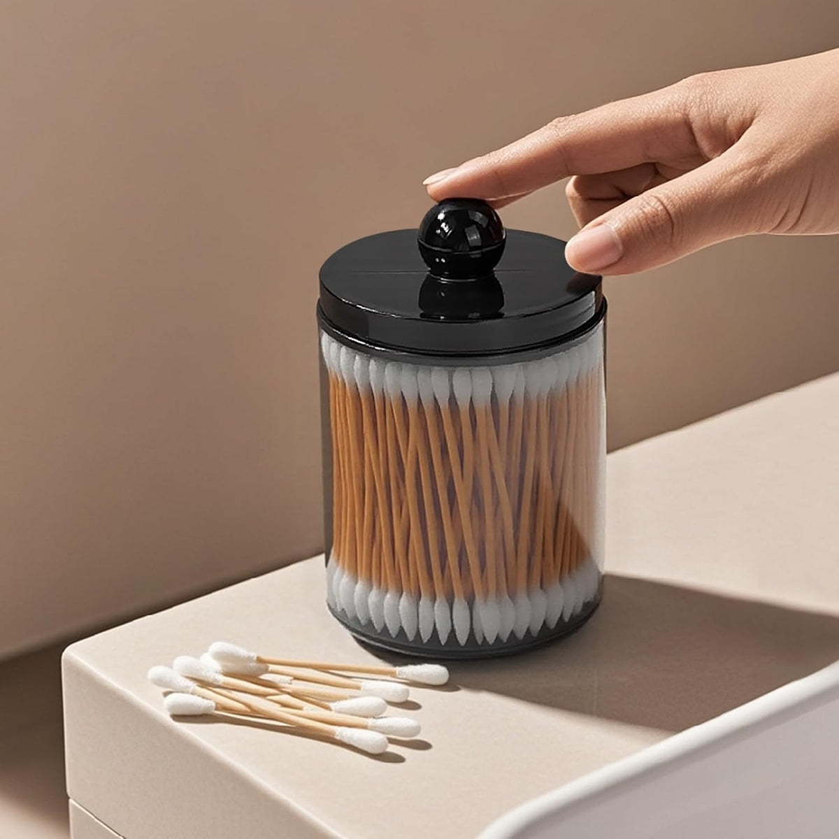 2-Pack Black Plastic Qtip and Cotton Swab Holder Dispenser Set for Bathroom Vanity Organization - Storage for Cotton Balls, Rounds, Floss Picks, Hair Clips