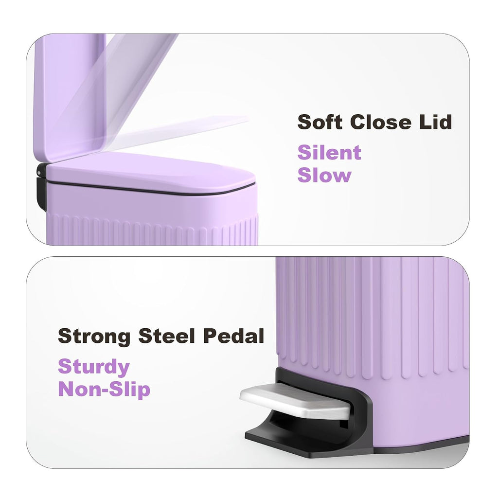 TrashAid 1.6Gal Slim Bathroom Trash Can with Lid Soft Close & Pedal, Purple