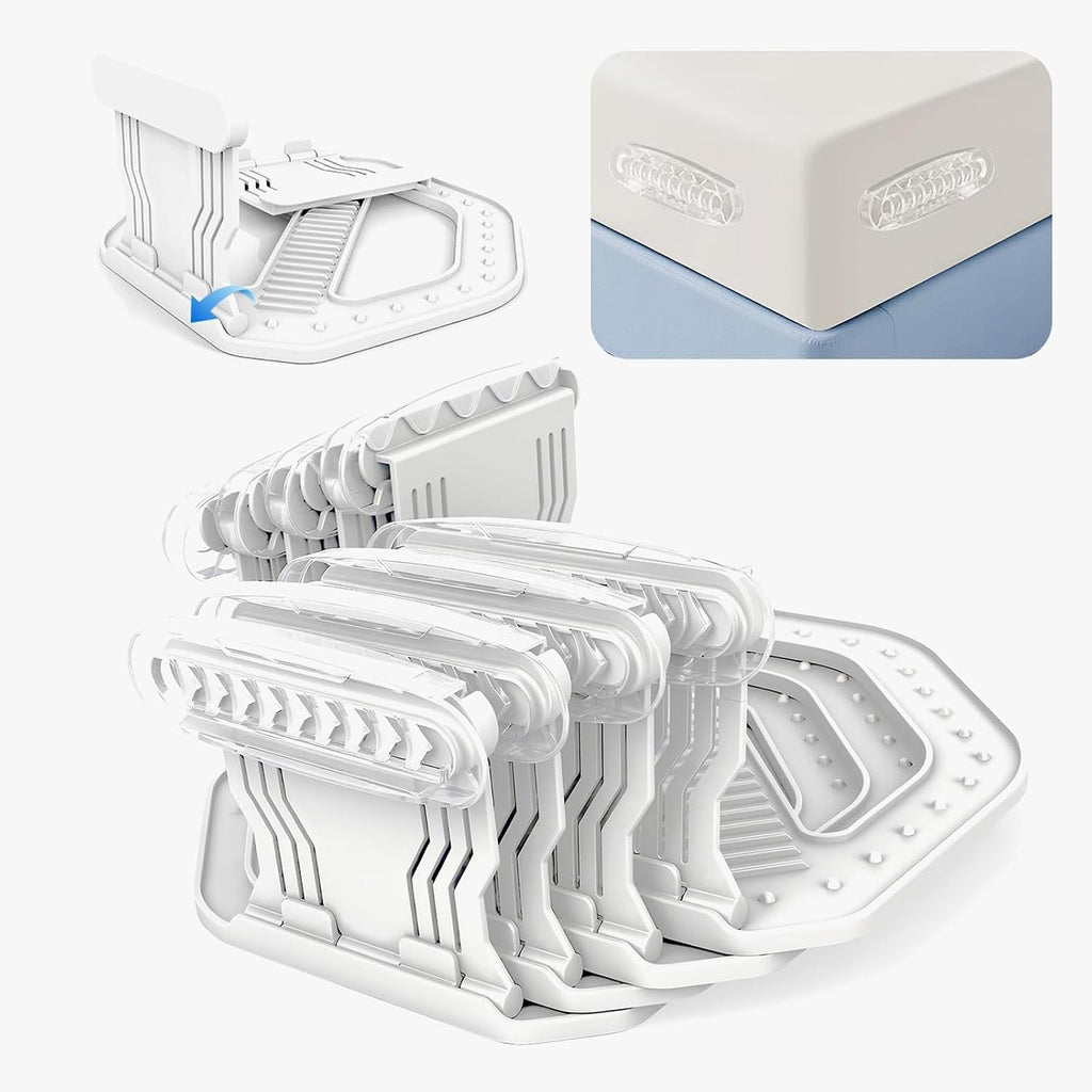 Bed Sheet Holders for Corners [4-Pack], No Mattress Lifting Fitted Sheet Clips, Upgraded Sheet Grippers Corner Locks with Wave-Clamps, Secure Fasteners Keep Bedding in Place - White