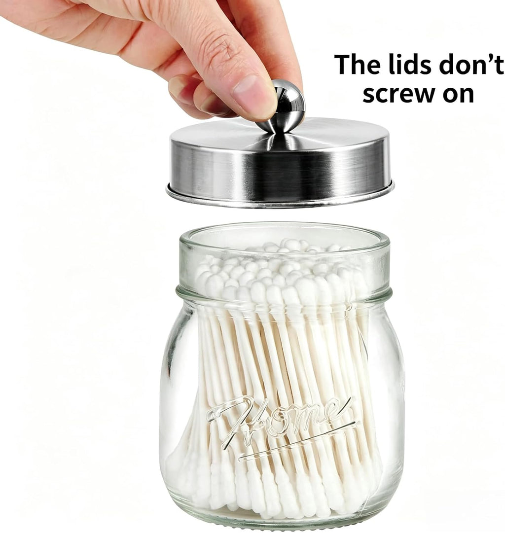 SheeChung 2 Pack Glass Mason Jar Qtip Holder Dispenser, Brushed Nickel Lids