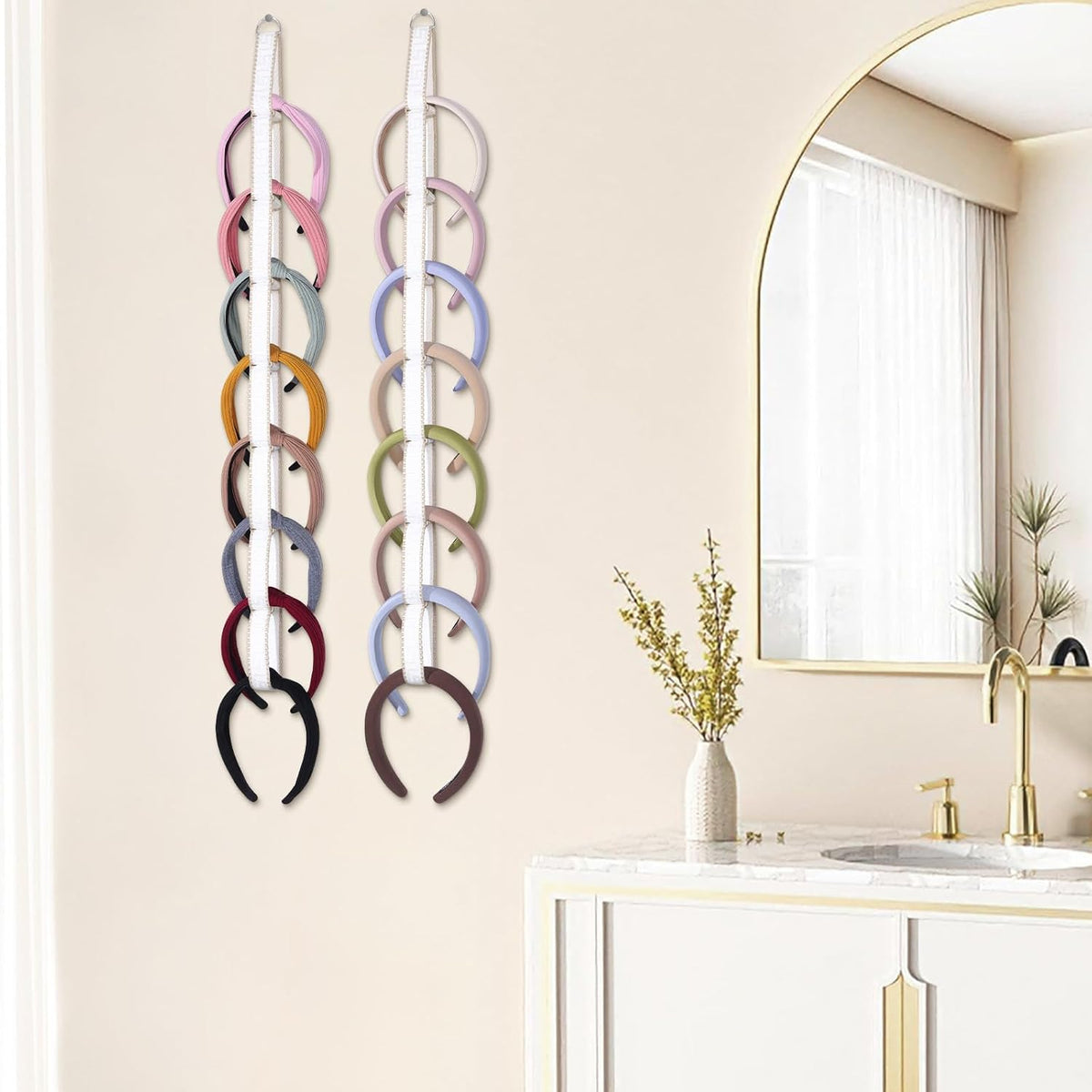 3 PCS Headband Holder Organizer for Girl,Hanging Hairband Storage for Women,Brown Hair Hoop Display Hair Accessories Organizer Bedroom College Dorm Decor (Cream textured)