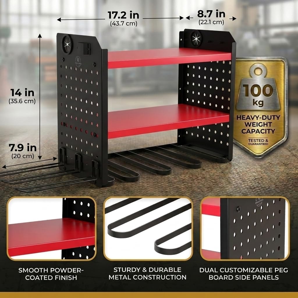 BUILTSTRONG Power Tool Organizer Wall Mount – 3-Tier Heavy-Duty Steel Rack, 6 Drill Slots, Dual Pegboard Sides, Side-by-Side Modular, 100 lb Capacity – Garage & Workshop (Red)