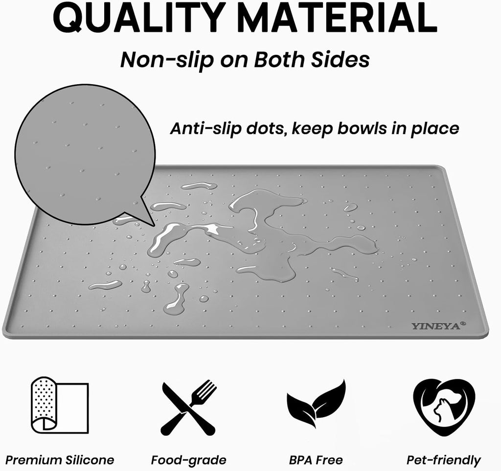 YINEYA 18" x 12" Silicone Cat Food Mat Waterproof, 0.2" Raised Edge(Gray)