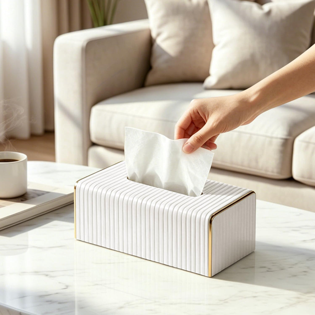 White Tissue Box Cover Rectangle, Tissues Holder with Gold Edging