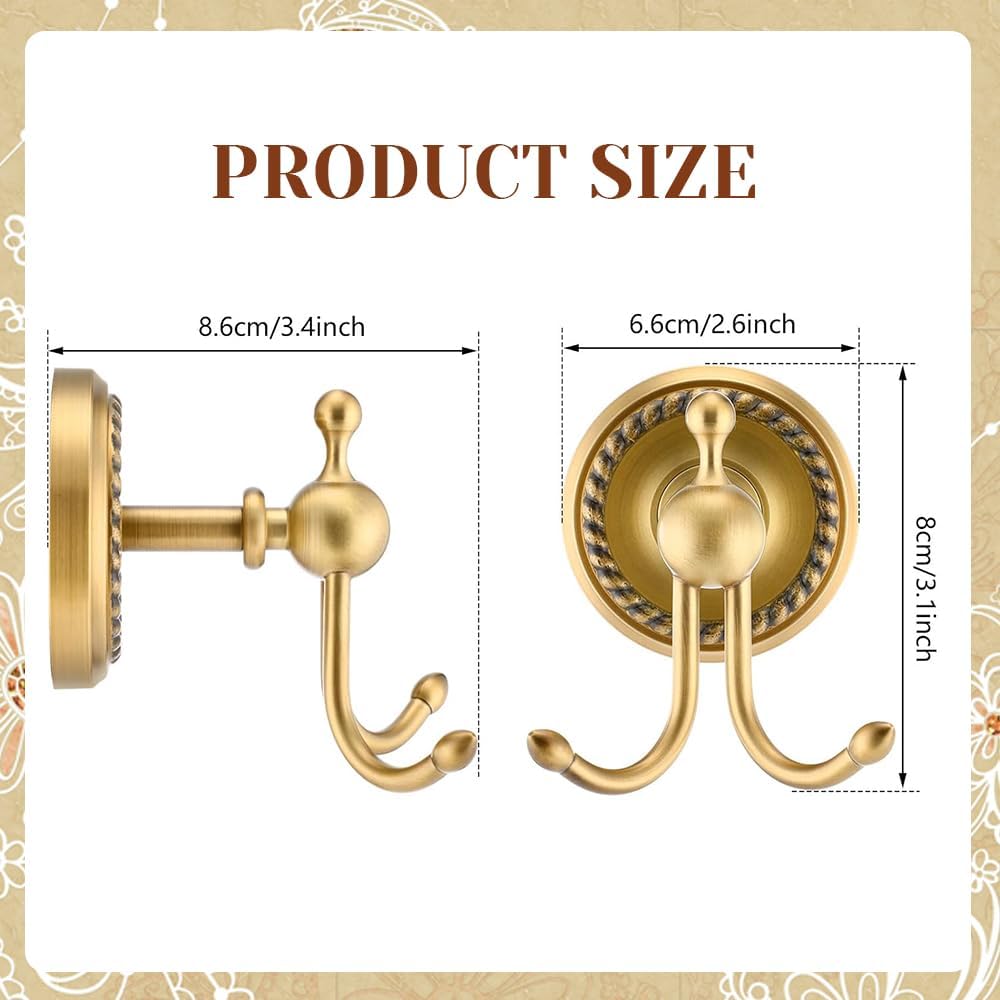 2 Pack Antique Brass Towel Hook Vintage Gold Brass Wall Hook Wall Mounted Hanger Bathroom Accessories for Coat Purse Decoration Clothing Robe Kitchen Bedroom