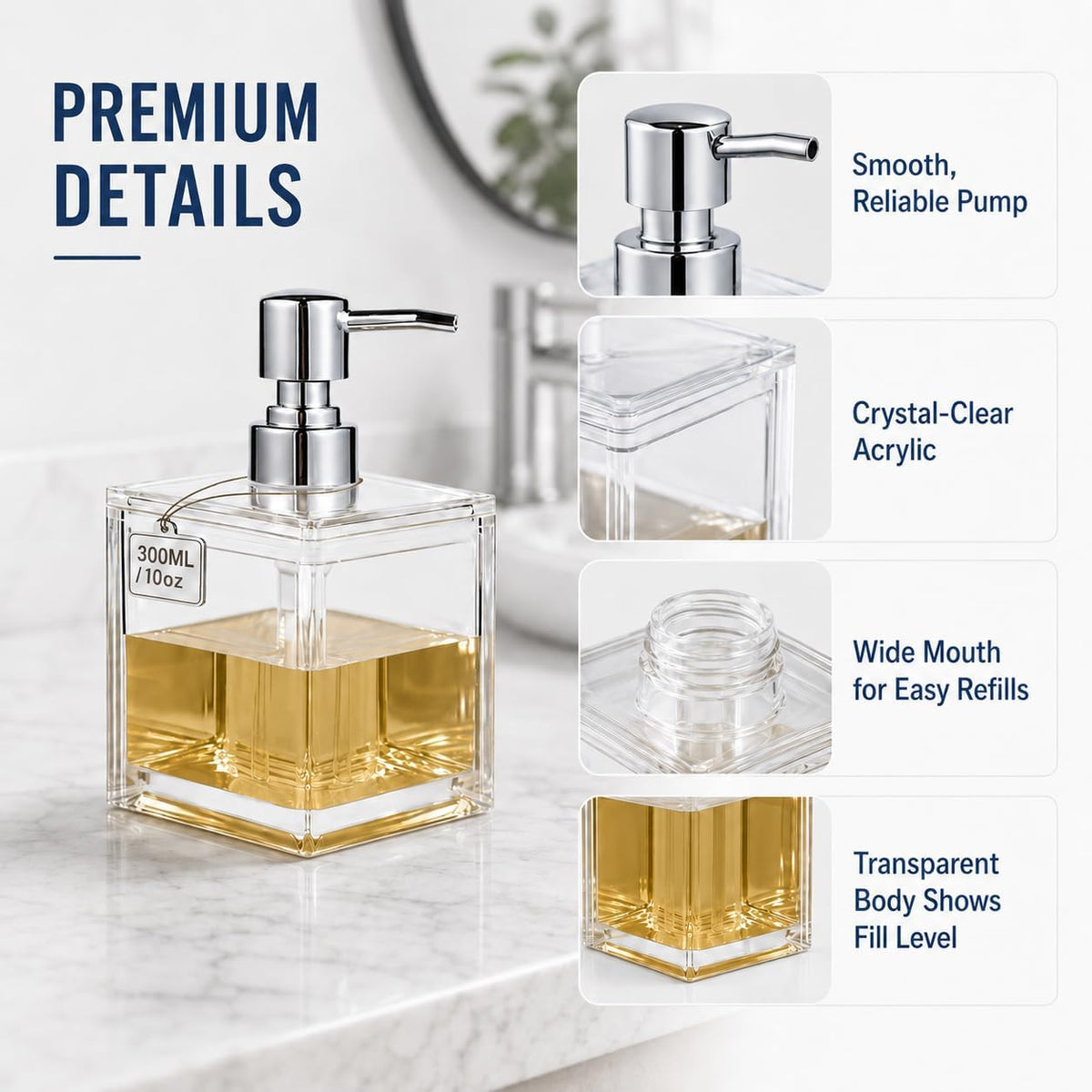 LGURT 300ml Clear Acrylic Soap Dispenser — Compact Pump for Hand Soap