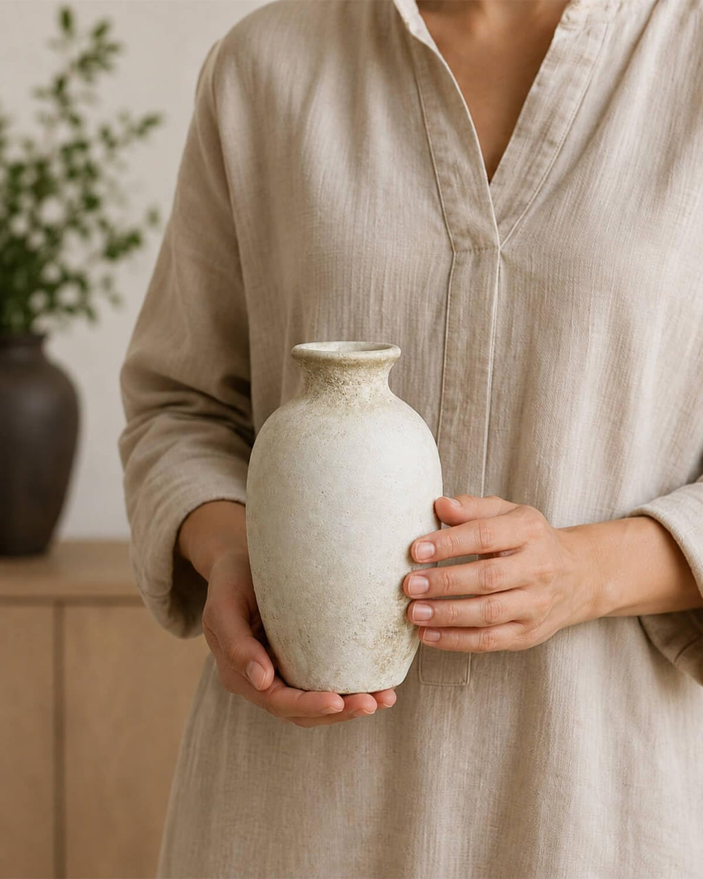 8.3 Inch Beige Ceramic Flower Vase, Rustic Farmhouse Bottle Vase