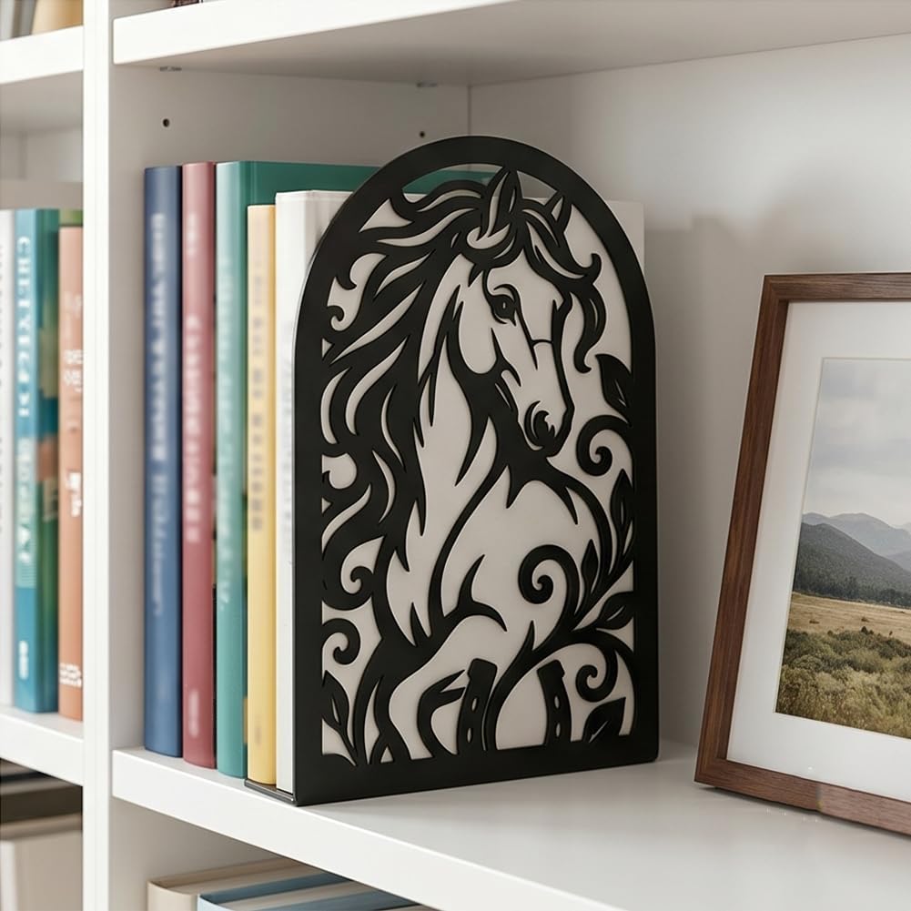 1 Pairs Metal Bookends, Galloping Horse Design Heavy Duty Black Book Support, Modern Creative Non-Skid Books Organiser for Shelves Bookshelf Office Home Decor, Bookworms Gift