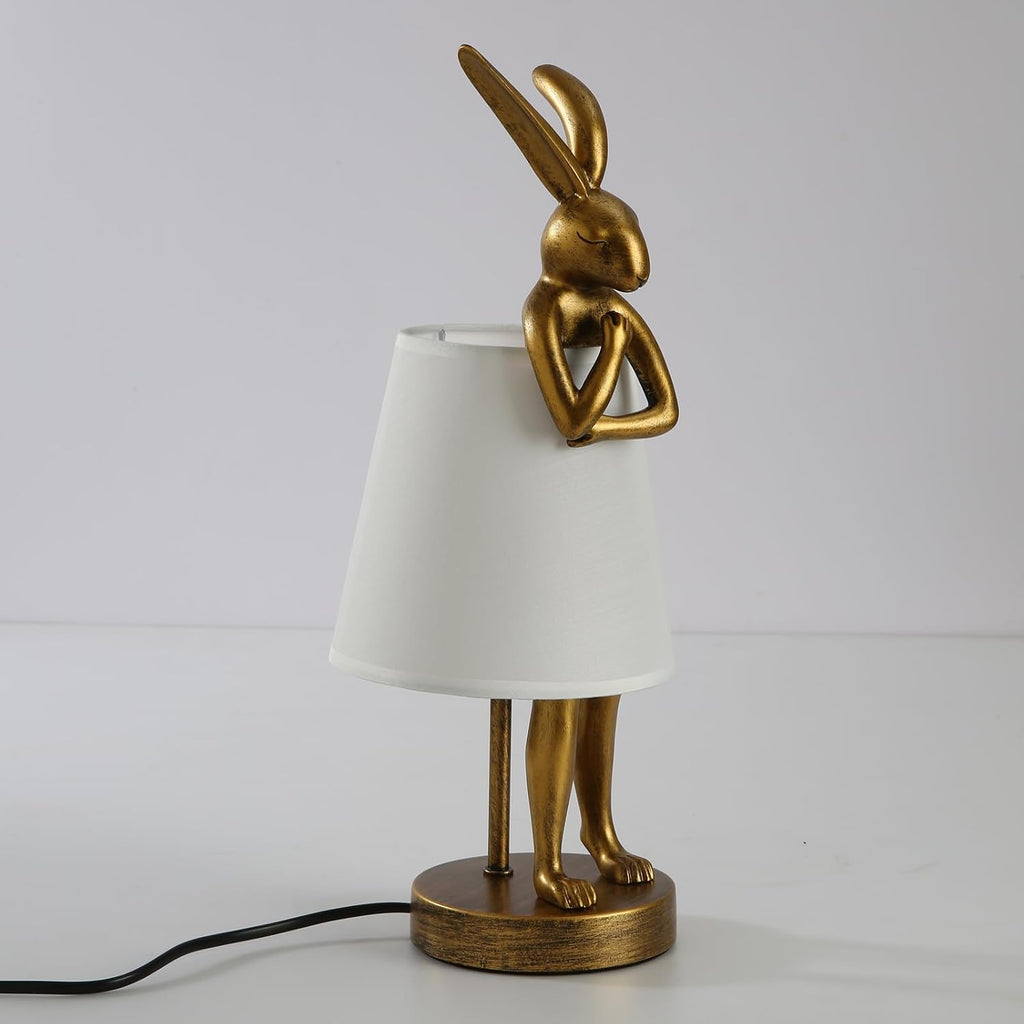 NorDiem LED Bunny Table Lamp, Resin Animal Rabbit Desk Light with Linen Shade, 15.7 Inch Decorative Lamp for Bedroom, Office & Kids Room (15.7" White Shade)