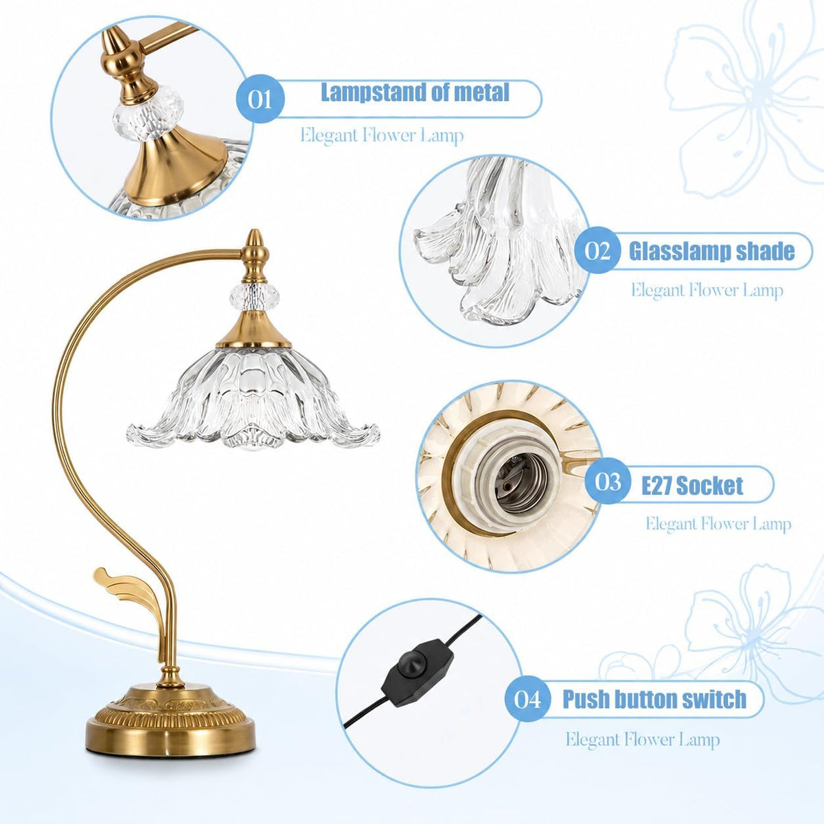 Vintage Floral Table Lamp, Plug in Mid-Century Modern Desk Lamp with Transparent Glass Shade, Gold Bedside Table Lamp Dimmable for Bedroom Living Room Home Office, E26 Base, UL Listed