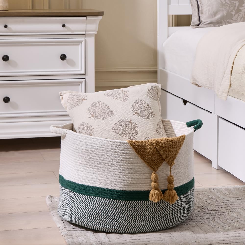 Luxury Little Extra Large Nursery Storage Basket, 20 x 20 x 13.8 inches - 100% Cotton Rope Baskets with Handles, Blanket Basket for Toys, Blankets & Pillows (Green)