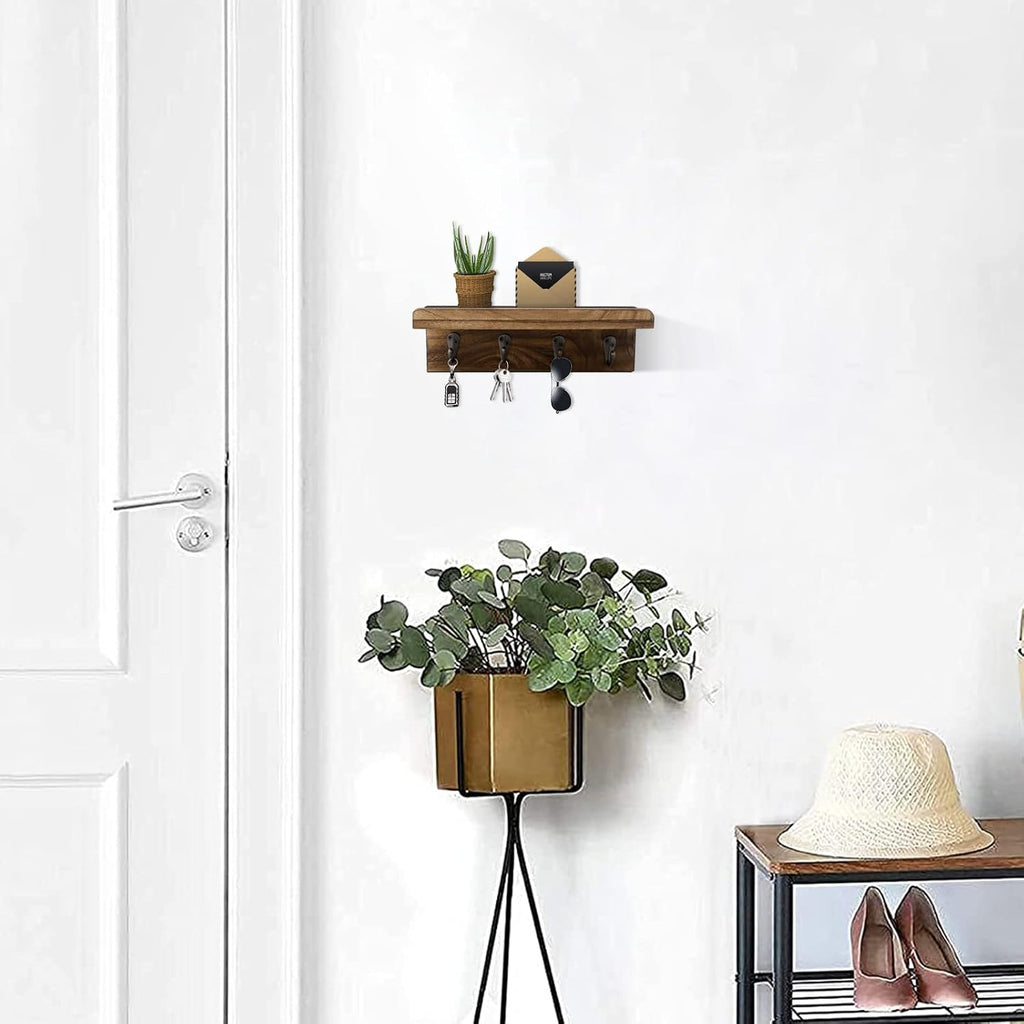 Key Holder Wall Mount, Farmhouse Wall Shelf with 4 Hooks for Entryway
