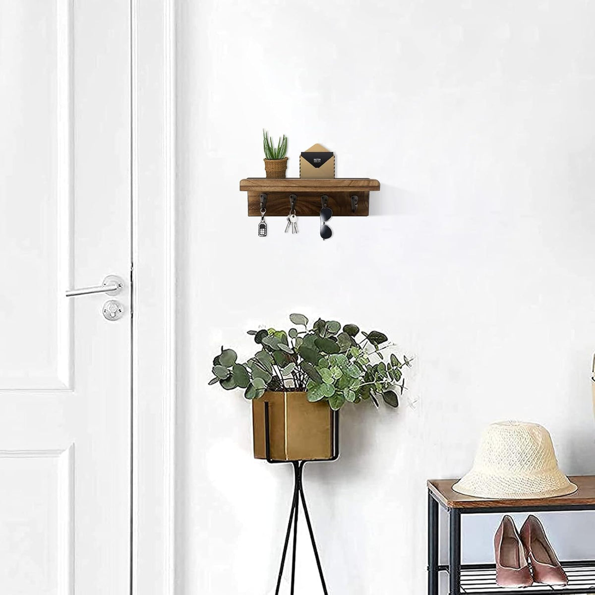 Key Holder Wall Mount, Farmhouse Wall Shelf with 4 Hooks for Entryway