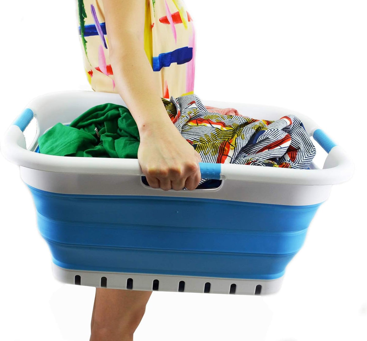 SAMMART 41L Collapsible 3 Handled Plastic Laundry Basket - Foldable Pop Up Storage Container/Organizer - Portable Washing Tub - Space Saving Hamper/Basket (3 handled rectangular, Dark Blue)