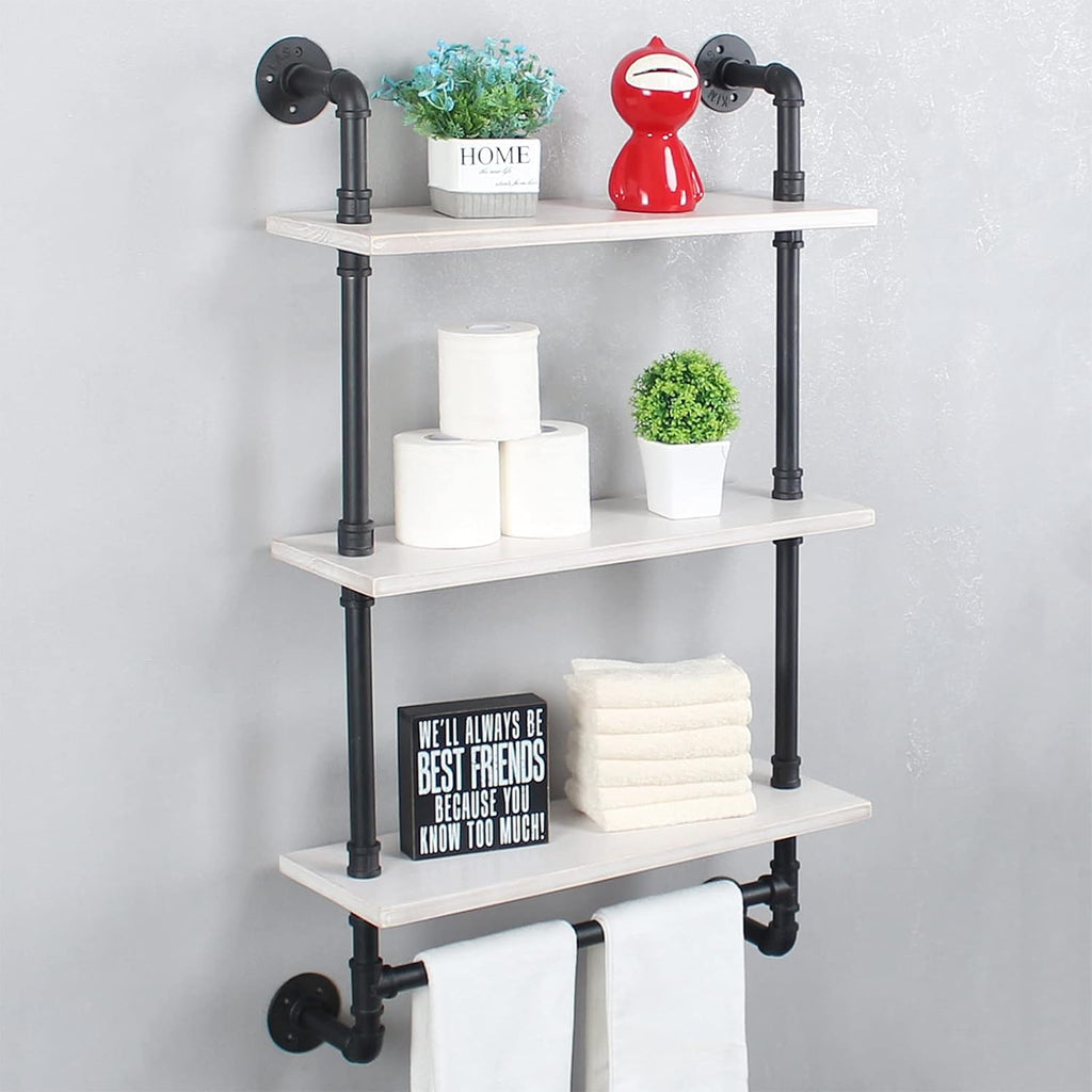 MBQQ Iron Pipe Shelves Industrial Bathroom Shelves with Towel bar,24in Rustic Metal Pipe Floating Shelves Pipe Wall Shelf,3 Tier Industrial Shelf Wall Mounted,Black & White