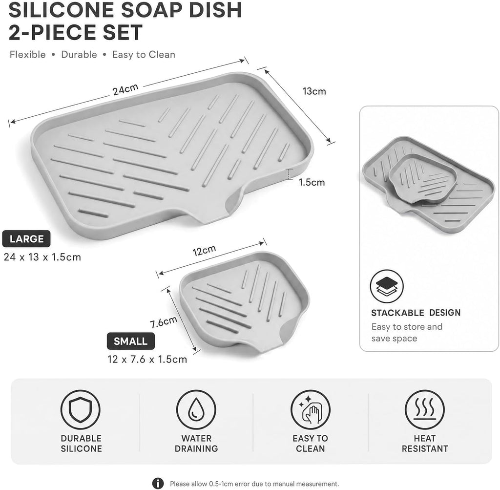 2 PCS Silicone Soap Dish with Drain, Soap Holder Sponge Drain Rack, Self-Draining Sink Organizer Tray for Kitchen & Bathroom
