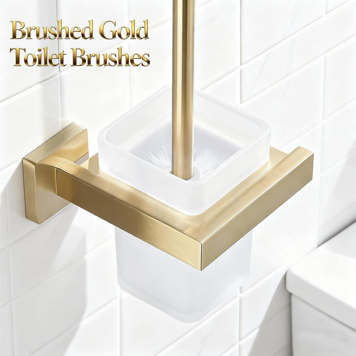 Brushed Gold Toilet Brush and Holder Set, NEWRAIN Wall Mounted Toilet Bowl Brush with Long Handle, Stainless Steel Toilet Brushes for Bathroom-Space Saving
