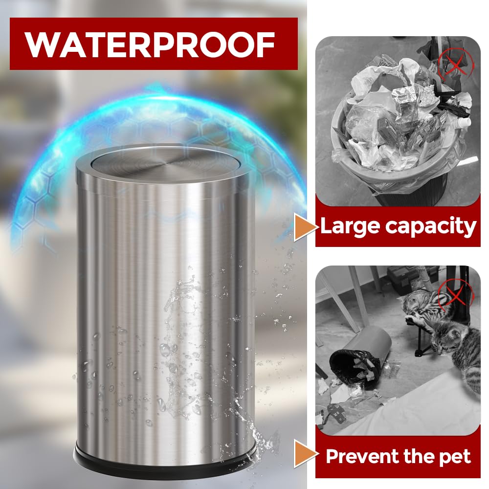 4.8GALStainless Steel Bathroom Trash Can with Lid, Silver Trash Can with Flipping Lid, Garbage cans for Kitchen，Living Room,Dental Office，Hotel,Guest Room(4.7gal-Silver)