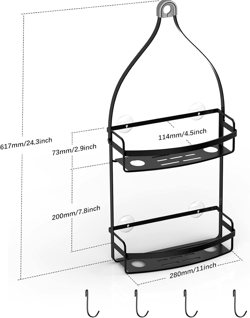 Meangood Shower Caddy Over Shower Head, Black Anti-Swing Hanging Shower Caddy with 4 Remove Hooks for Razor, Sponge, Towels Rustproof Shower Organizer for Bathroom